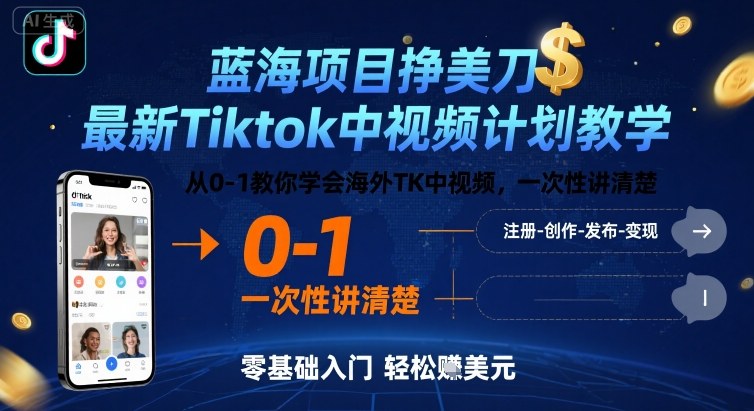 蓝海项目挣美刀，最新Tiktok中视频计划教学，从0-1教你学会海外TK中视频，一次性讲清楚-资源云