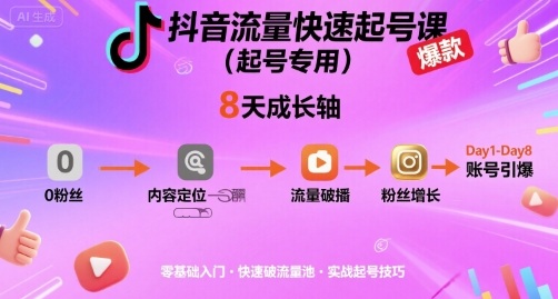 抖音流量快速起号课（起号专用），8天带你做爆自己的账号-资源云