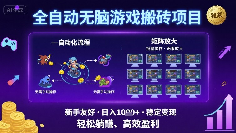 全自动无脑游戏搬砖项目，独家玩法，可批量矩阵无限放大，新手也能轻松日入1k+【揭秘】-资源云