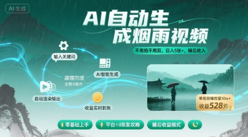 不用拍不用剪！AI自动生成烟雨视频，日入5张+，睡后收入-资源云