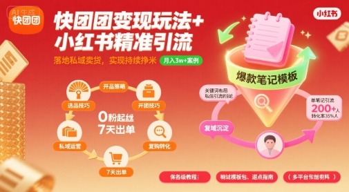 快团团变现玩法+小红书精准引流技巧，助你真正落地私域卖货，实现持续挣米-资源云
