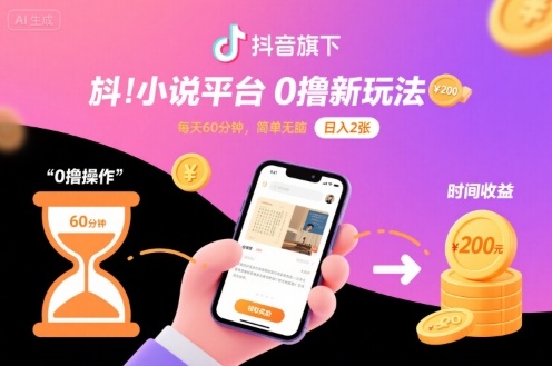 抖音旗下小说平台0撸新玩法，每天挂G60分钟，简单无脑，日入2张【揭秘】-资源云