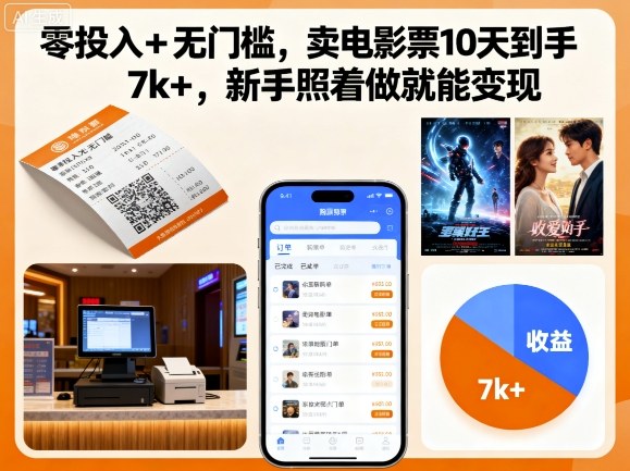 零投入+无门槛，卖电影票10天到手7k+，新手照着做就能变现【揭秘】-资源云