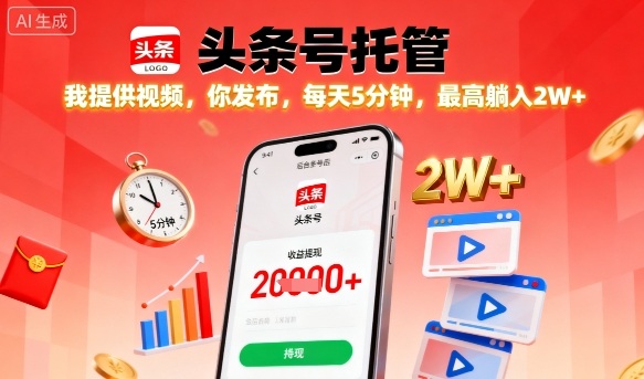 【头条号托管】我提供视频，你发布，每天5分钟，最高躺入2W+【揭秘】-资源云