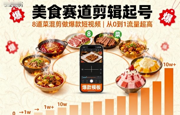 美食赛道剪辑起号，8道菜混剪做爆款短视频，从0到1，流量超高-资源云