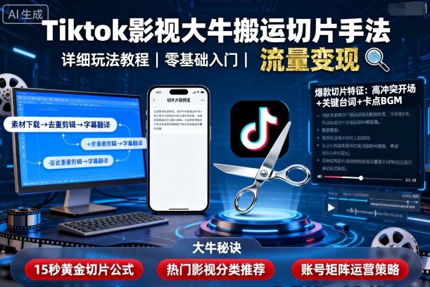 Tiktok影视大牛搬运切片手法，详细玩法教程-资源云