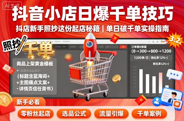 抖音小店日爆千单技巧，抖店新手照抄这份起店秘籍，单日破千单-资源云