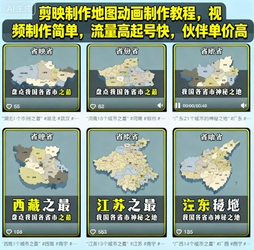 剪映制作地图动画制作教程，视频制作简单，流量高起号快，伙伴单价高-资源云