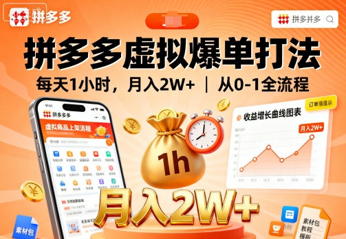 拼多多虚拟爆单打法，每天1小时，月入2W+，从0-1全流程-资源云
