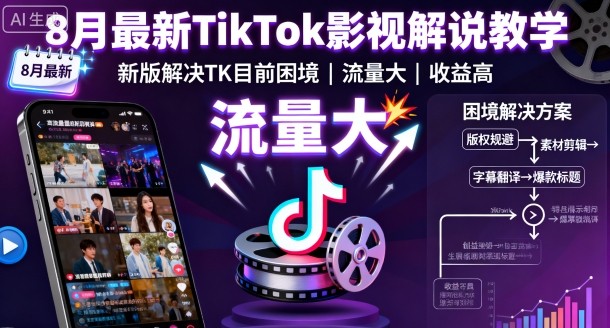 8月最新TikTok影视解说教学，新版解决TK目前困境，流量大，收益高-资源云