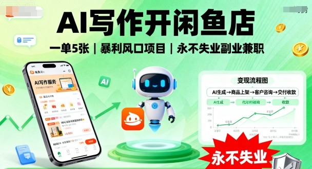 AI写作开闲鱼店，一单5张，暴利风口项目，永不失业副业兼职【全网首发】-资源云