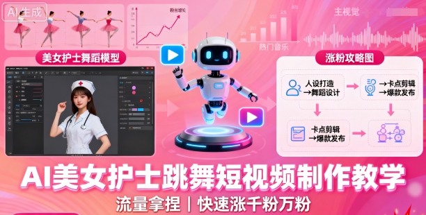 AI美女护士跳舞短视频制作教学，流量拿捏，快速涨千粉万粉【提示词+视频教程】-资源云