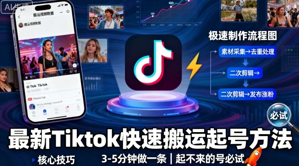 最新Tiktok快速搬运快速起号方法，3-5分钟做一条，起不来的号可以试试-资源云