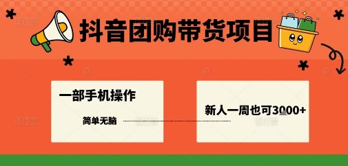 抖音团购带货项目，一部手机简单操作，一周3k+-资源云