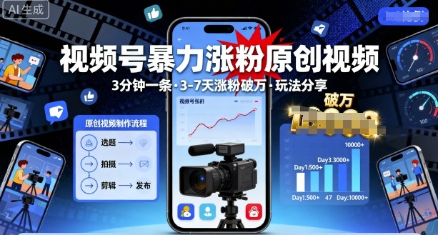 视频号暴力涨粉原创视频，3分钟一条原创视频，3-7天涨粉破万，玩法分享给你-资源云