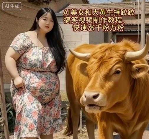 AI美女和大黄牛摔跤搞笑荒诞视频制作教程，快速涨千粉万粉-资源云