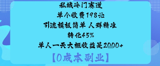 私域冷门赛道:单个收费198米引流模板简单人群精准转化45%单人一天大概收益是1k+-资源云