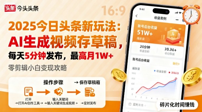2025年今日头条躺賺新玩法，AI生成视频存草稿，每天5分钟发布，最高月1W+【揭秘】-资源云