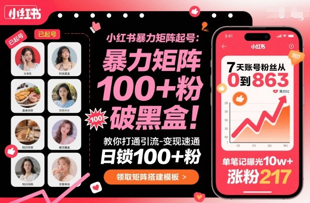 小红书暴力矩阵起号，教你打通引流-变现速通，日锁100+粉，破流量黑盒-资源云
