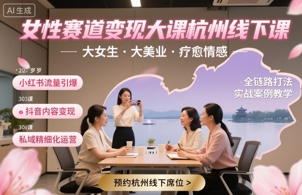 女性赛道变现大课杭州线下，大女生，大美业，疗愈情感，一套小红书、抖音、私域全链路打法-资源云
