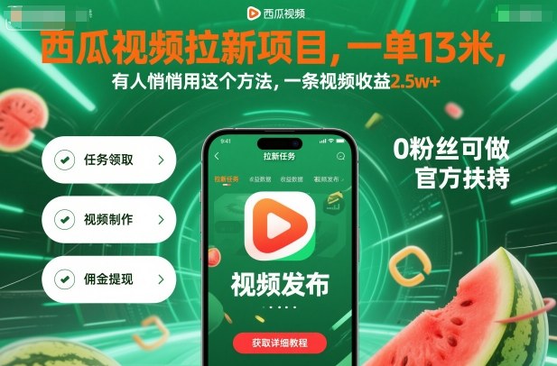 西瓜视频拉新项目，一单13米，有人悄悄用这个方法，一条视频收益2.5w+（附详细教程）-资源云