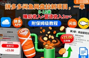 拼多多闲鱼网盘拉新项目,一单5-15米,睡后收入+管道收入1w+(附保姆级教程)-资源云
