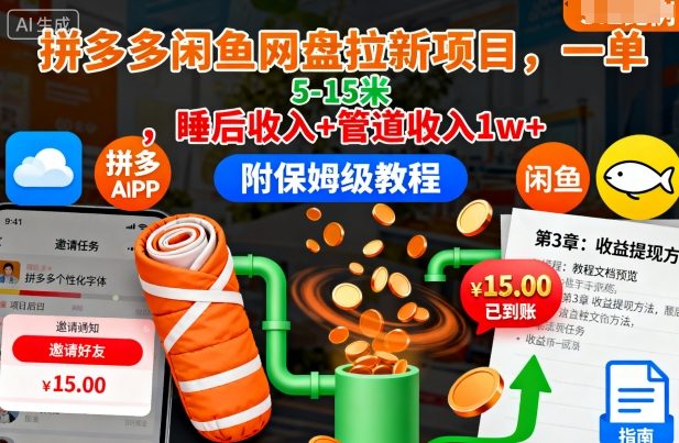 拼多多闲鱼网盘拉新项目，一单5-15米，睡后收入+管道收入1w+（附保姆级教程）-资源云