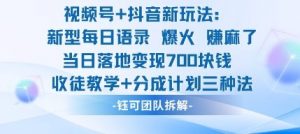 视频号加抖音新玩法:爆火新型每日语录,收徒教学加分成计划,三种变现玩法,当日变现7张-资源云