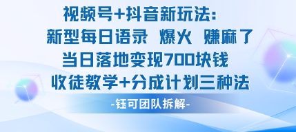 视频号加抖音新玩法：爆火新型每日语录，收徒教学加分成计划，三种变现玩法，当日变现7张-资源云