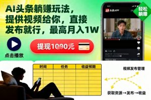 AI头条躺賺玩法,提供视频给你,直接发布就行,最高月入1W+【揭秘】-资源云