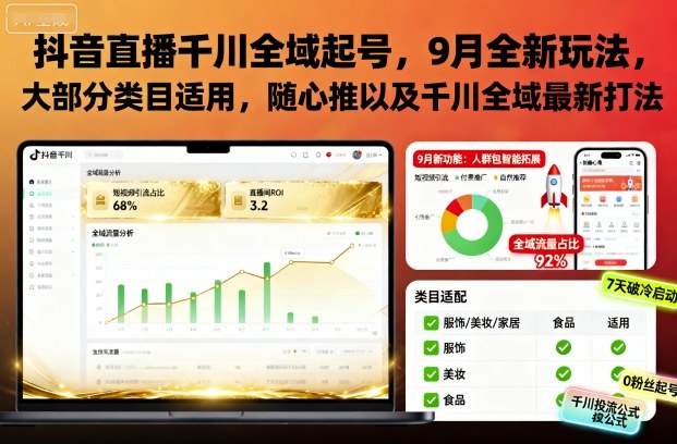 抖音直播千川全域起号，9月全新玩法，大部分类目适用，随心推以及千川全域最新打法-资源云