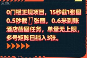 0门槛正规项目,15秒截1张图,0.6米到账,酒店截图任务,单量无上限,多号矩阵日躺入3张【揭秘】-资源云