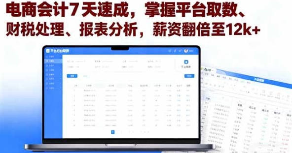 电商会计7天速成 掌握平台取数、财税处理、报表分析 薪资翻倍至12k+-资源云