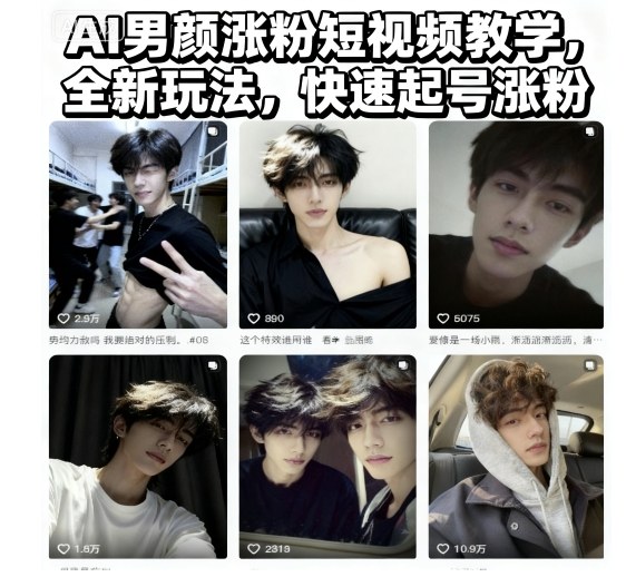 AI男颜涨粉短视频教学，全新玩法，快速起号涨粉-资源云