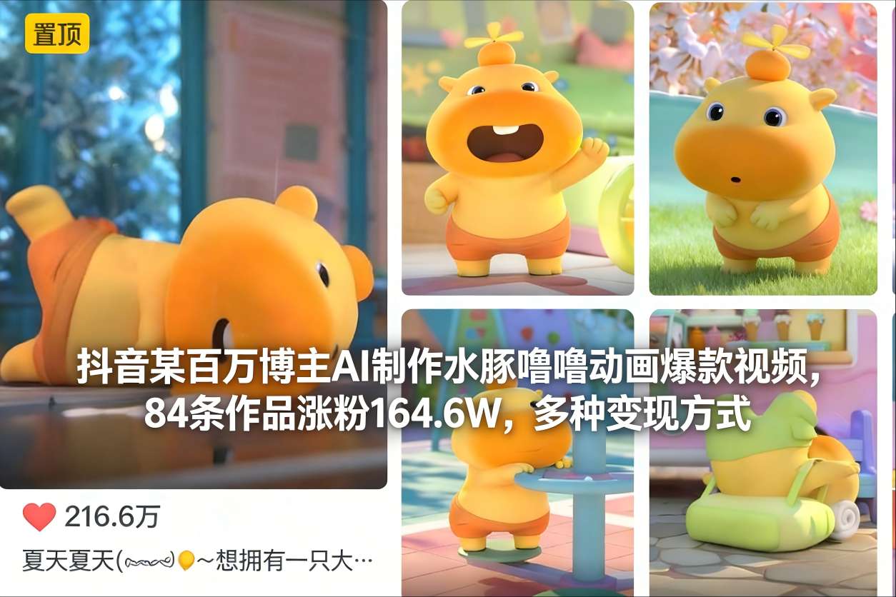 抖音某百万博主AI制作水豚噜噜动画爆款视频，84条作品涨粉164.6W，多种变现方式-资源云