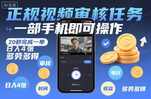 正规视频审核任务，一部手机即可操作，20秒完成一单，日入4张，多劳多得【揭秘】-资源云