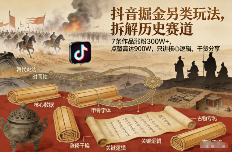 抖音掘金另类玩法，拆解历史赛道，7条作品涨粉300W+，点赞量高达900W，只讲核心逻辑，干货分享-资源云