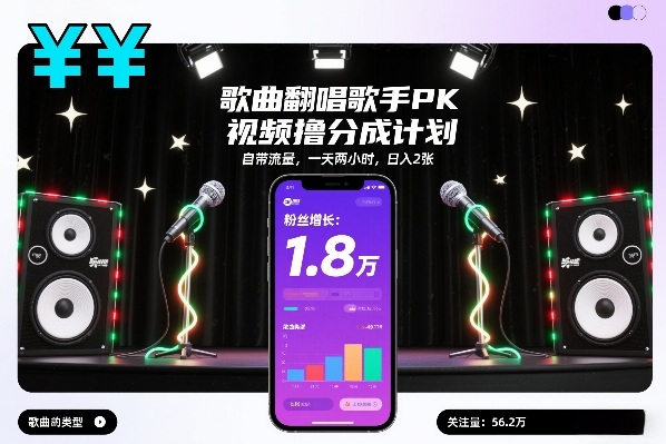 歌曲翻唱歌手PK视频撸分成计划，自带流量，一天两小时，日入2张-资源云