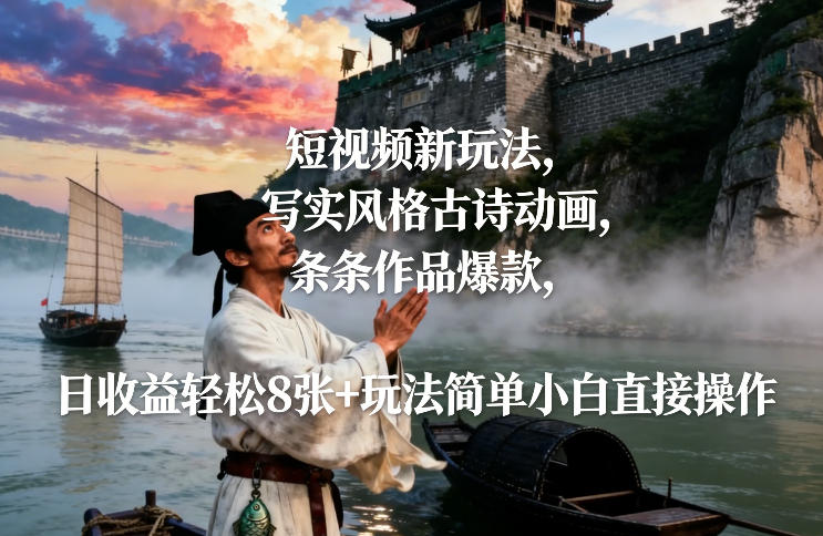 短视频新玩法，写实风格古诗动画，条条作品爆款，日收益轻松8张+玩法简单小白直接操作-资源云