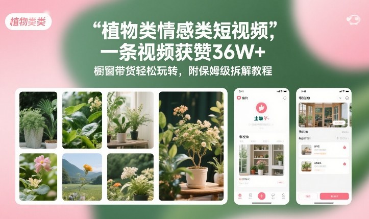 植物类情感类短视频，一条视频获赞36W+，橱窗带货轻松玩转，附保姆级拆解教程-资源云