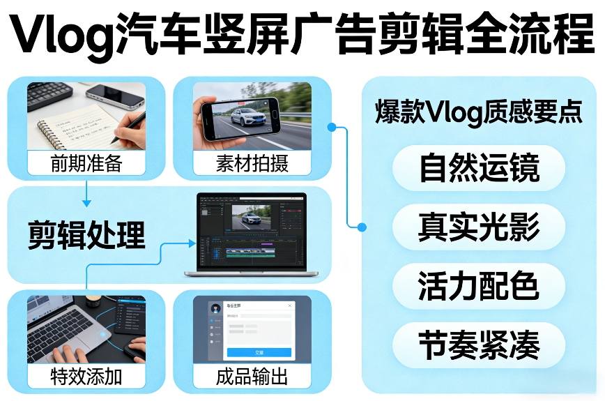 Vlog感觉汽车竖屏广告剪辑脚本全流程，拿捏爆款Vlog质感-资源云