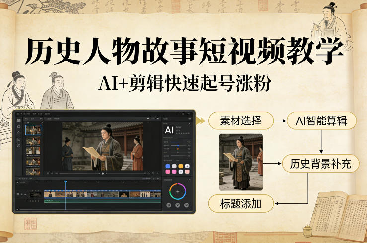 历史人物故事短视频教学，AI+剪辑制作历史人物题材短视频，快速起号涨粉-资源云