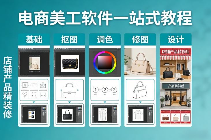 电商美工软件一站式教程，基础/抠图/调色/修图/设计，店铺产品精装修-资源云