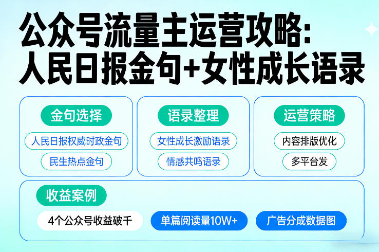 利用人民日报金句+女性成长语录做公众号流量主，4个公众号收益破千-资源云