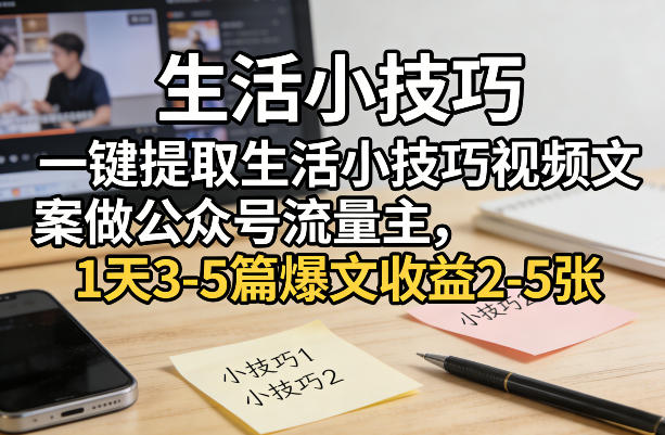 一键提取生活小技巧视频文案做公众号流量主，1天3-5篇爆文收益2-5张-资源云