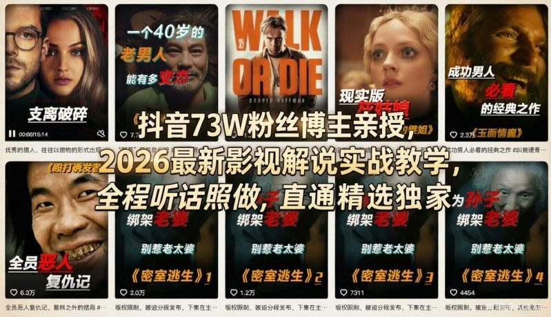 抖音73W粉丝博主亲授，2026最新影视解说实战教学，全程听话照做，直通精选独家-资源云