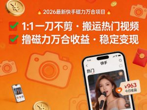 2026年最新快手磁力万合项目，1比1一刀不剪搬运热门视频，撸磁力万合收益-资源云