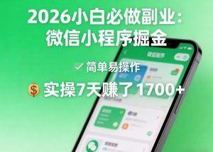 2026小白必做副业：微信小程序掘金，简单易操作，实操7天賺了1700+【揭秘】-资源云