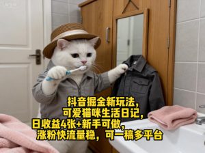 抖音掘金新玩法，可爱猫咪生活日记，日收益4张+新手可做，涨粉快流量稳，可一稿多平台-资源云