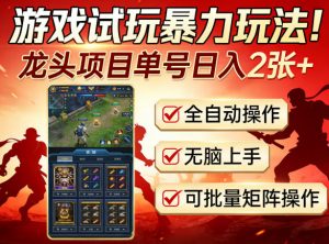 游戏试玩暴力玩法!龙头项目单号日入200+,全自动操作无脑上手,可批量矩阵操作【揭秘】-资源云